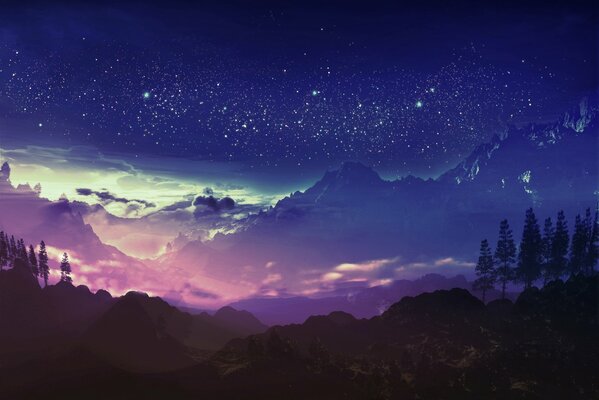 Stars illuminate the mountains at night