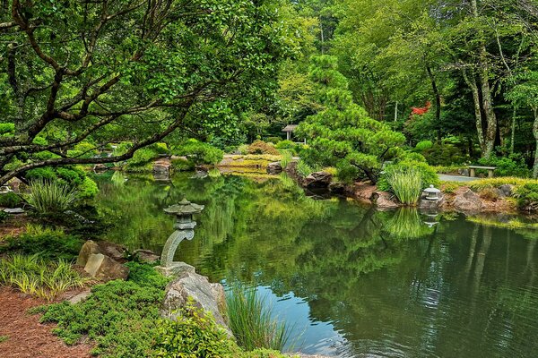 Park mit Laternen rund um den Teich