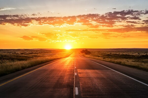 Sunset over the road. field. golden clouds