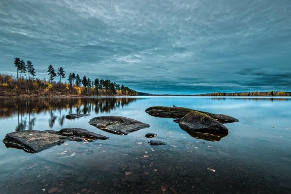 Landscape. a distant shore with an autumn forest