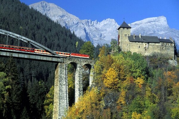 Castillo y puente entre los árboles en las montañas de Austria