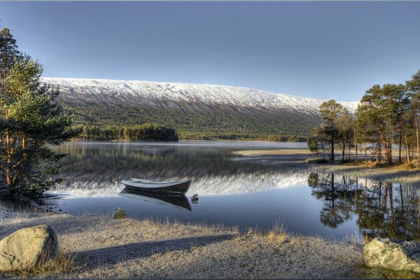 Winter landscape of Norway with a boat on the shore