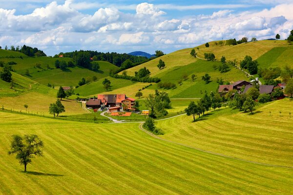 Residential buildings on green hills