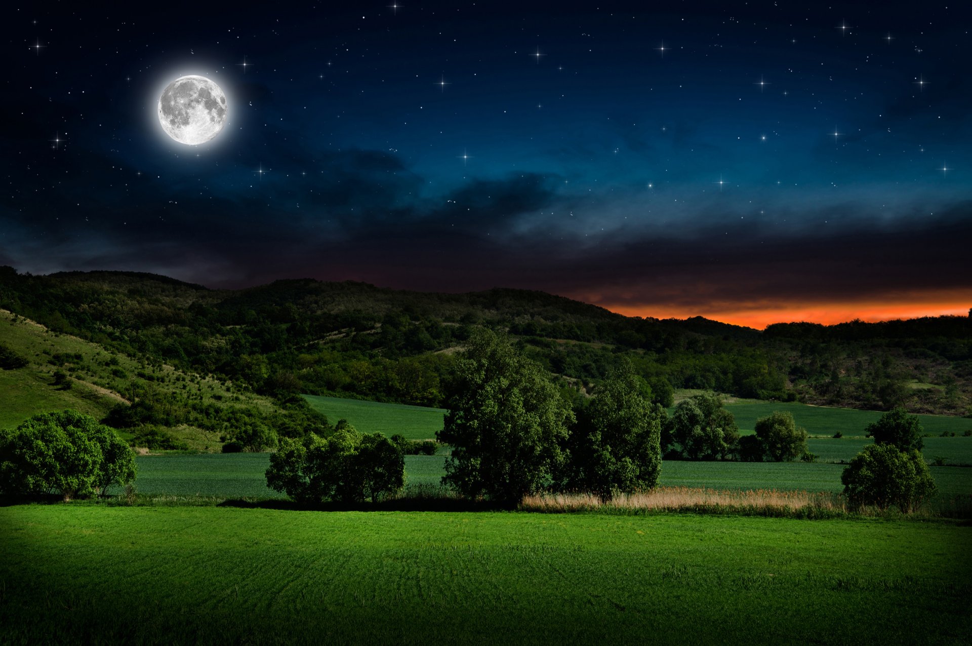 landschaft nacht mond sterne glühen hügel sträucher bäume gelassenheit reisen mein planet bokeh hintergrundbilder