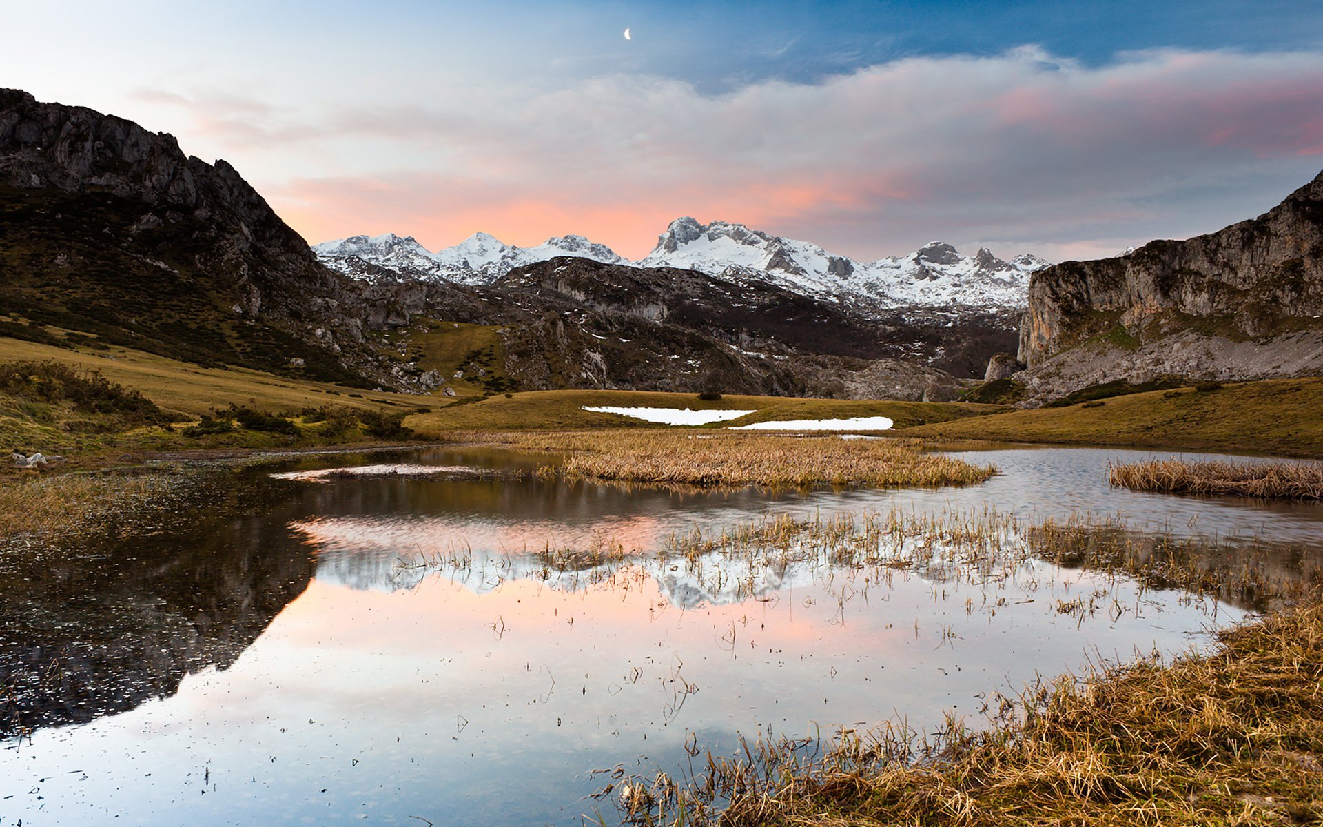 berge see monat wolken himmel