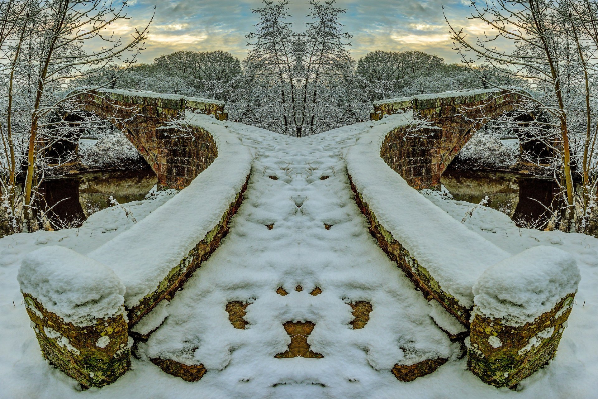 invierno río puente de piedra nieve árboles escarcha cielo