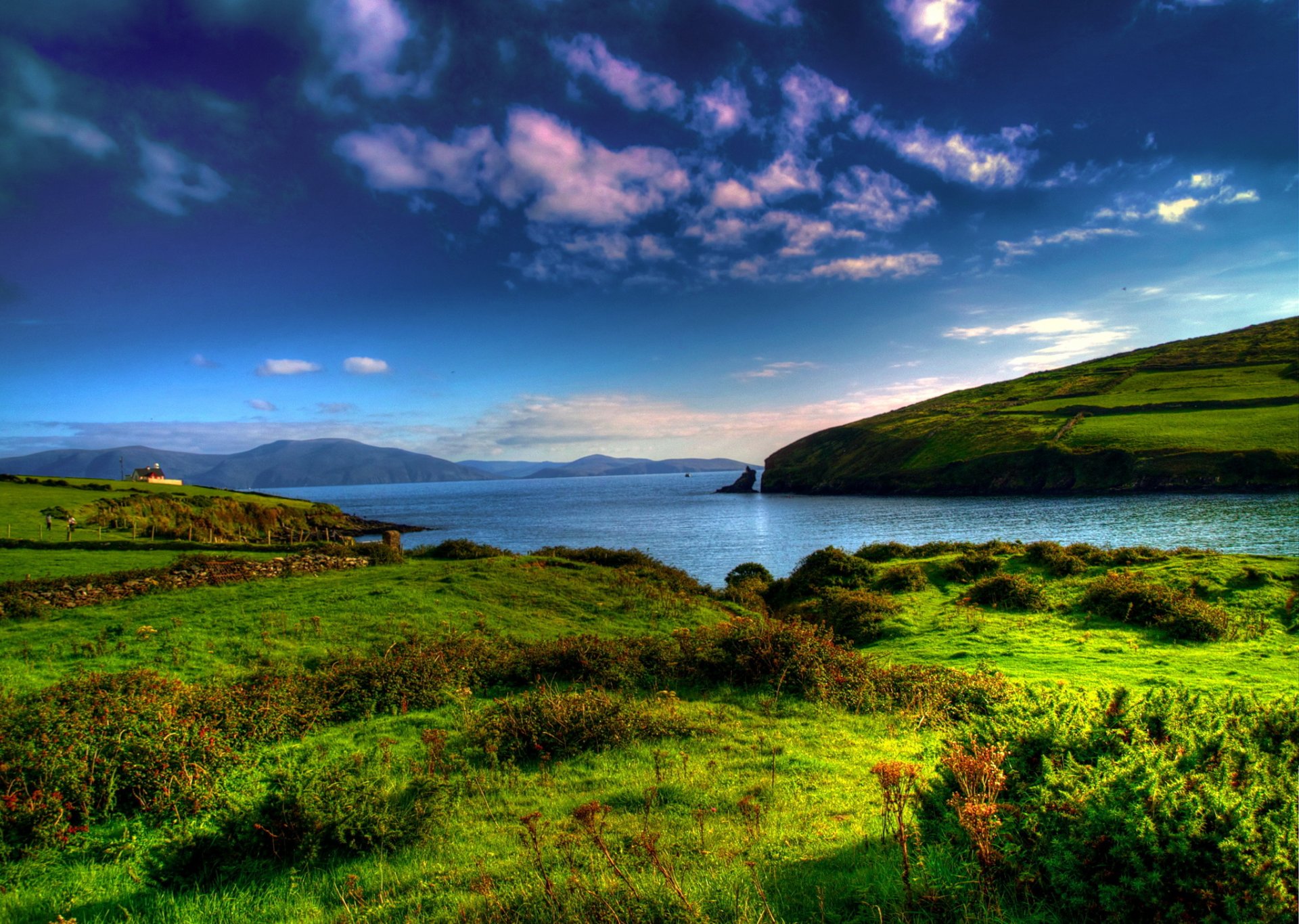 landscape sky nature lake house mountain grass slope