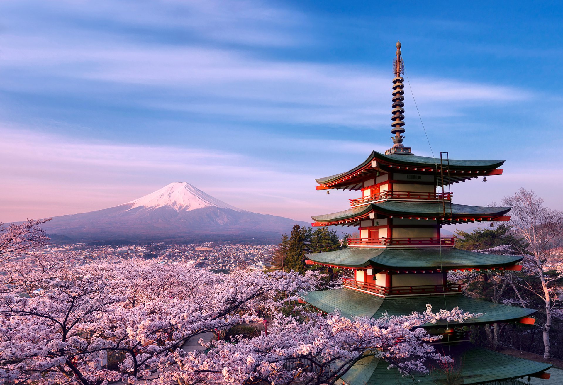 japan stratovulkan berg fujiyama 山山 frühling morgen april pagode haus architektur bäume sakura blumen 忠霊塔