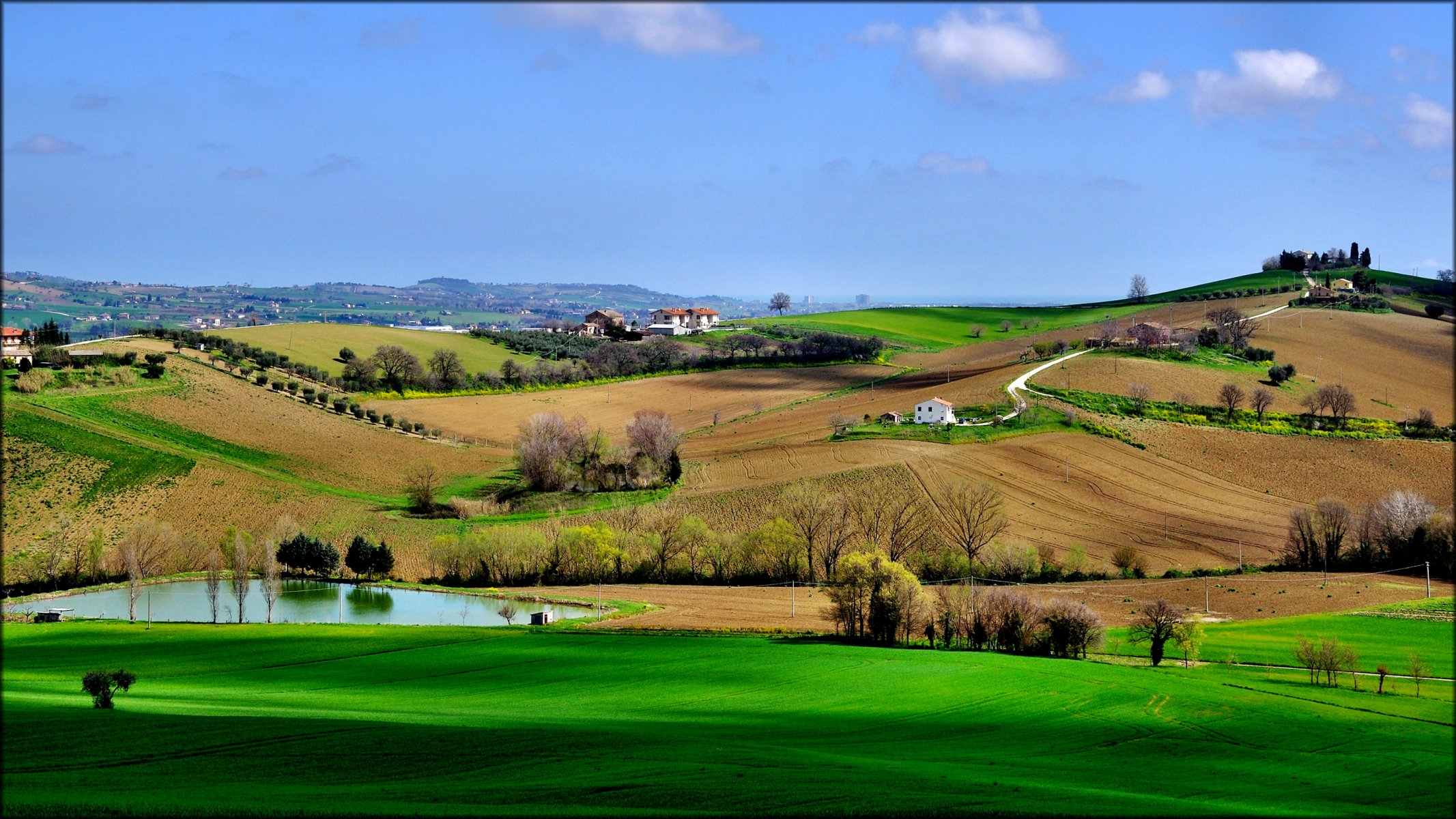 cielo colline campi erba alberi casa stagno