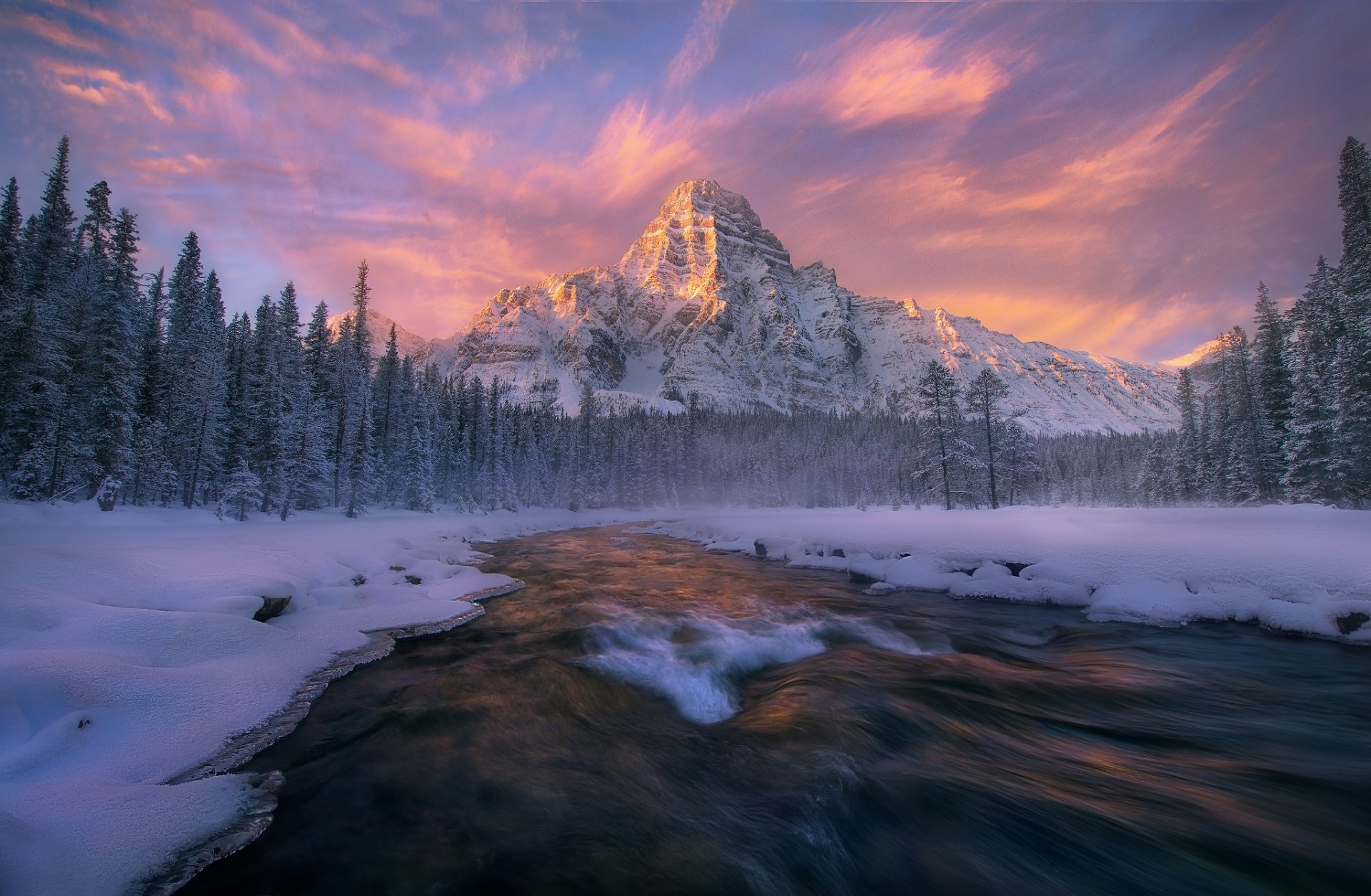 canadá alberta parque nacional banff monte cefrén invierno bosque río corriente nieve