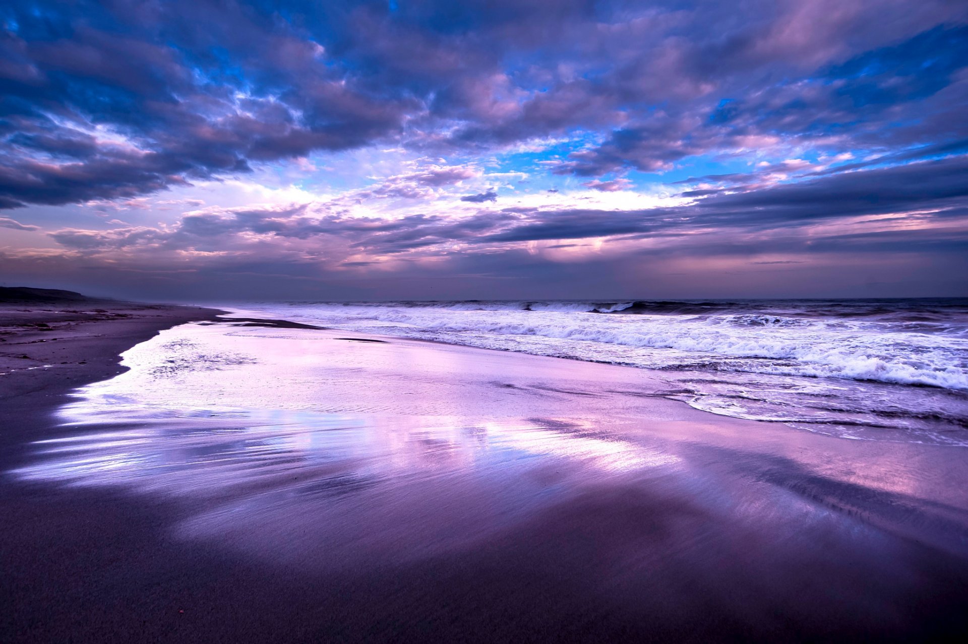 mer océan côte ressac soir bleu lilas ciel nuages nuages