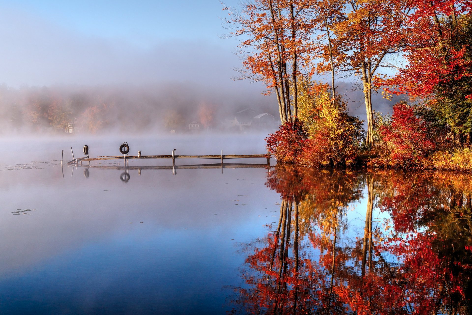 autumn lake bridge fog morning