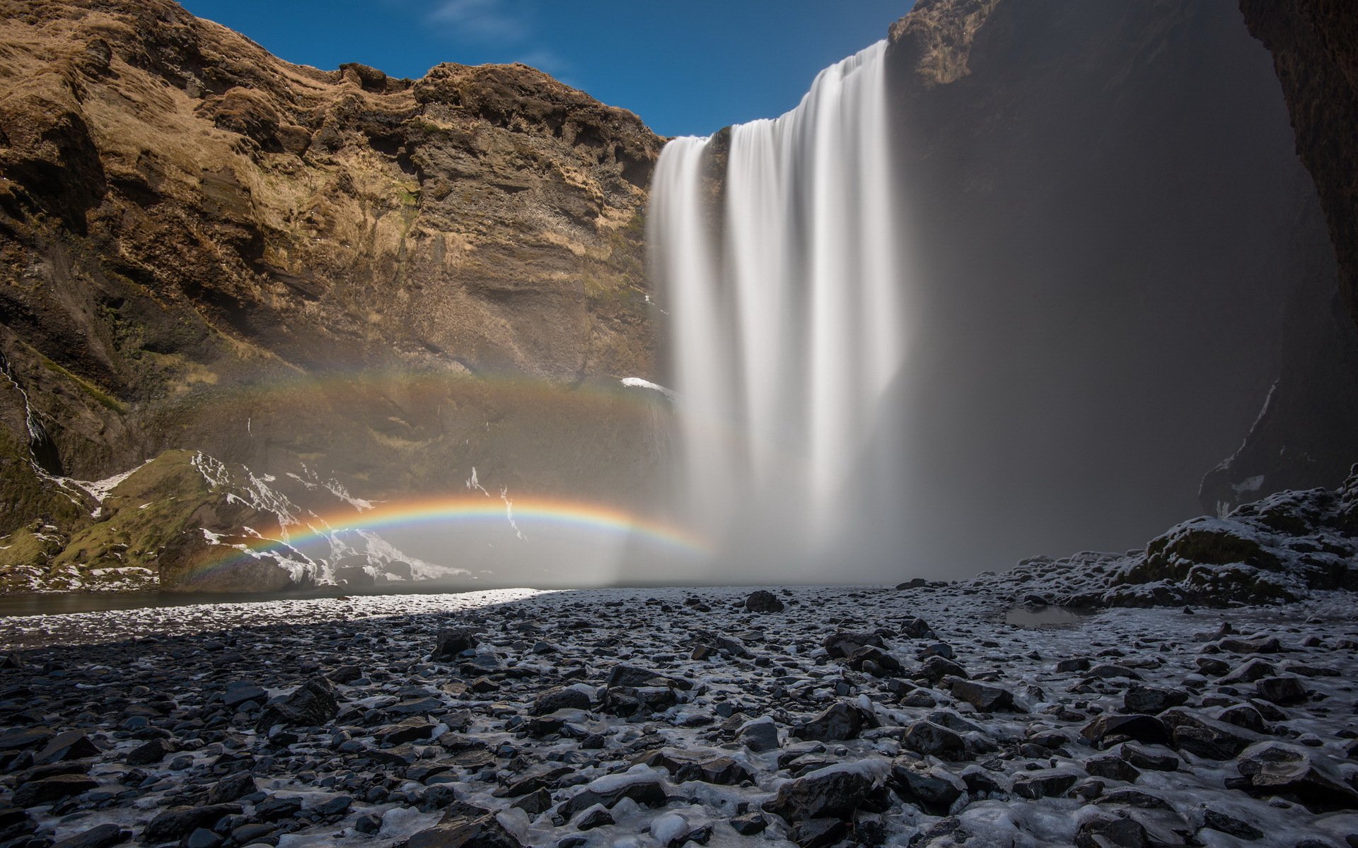 wasserfall berge regenbogen landschaft