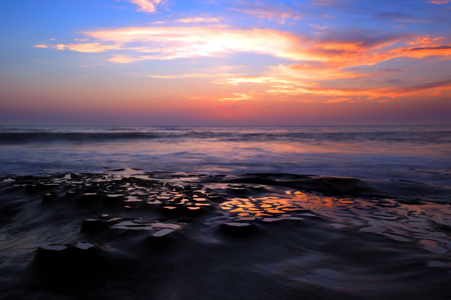 coucher de soleil mer rochers paysage