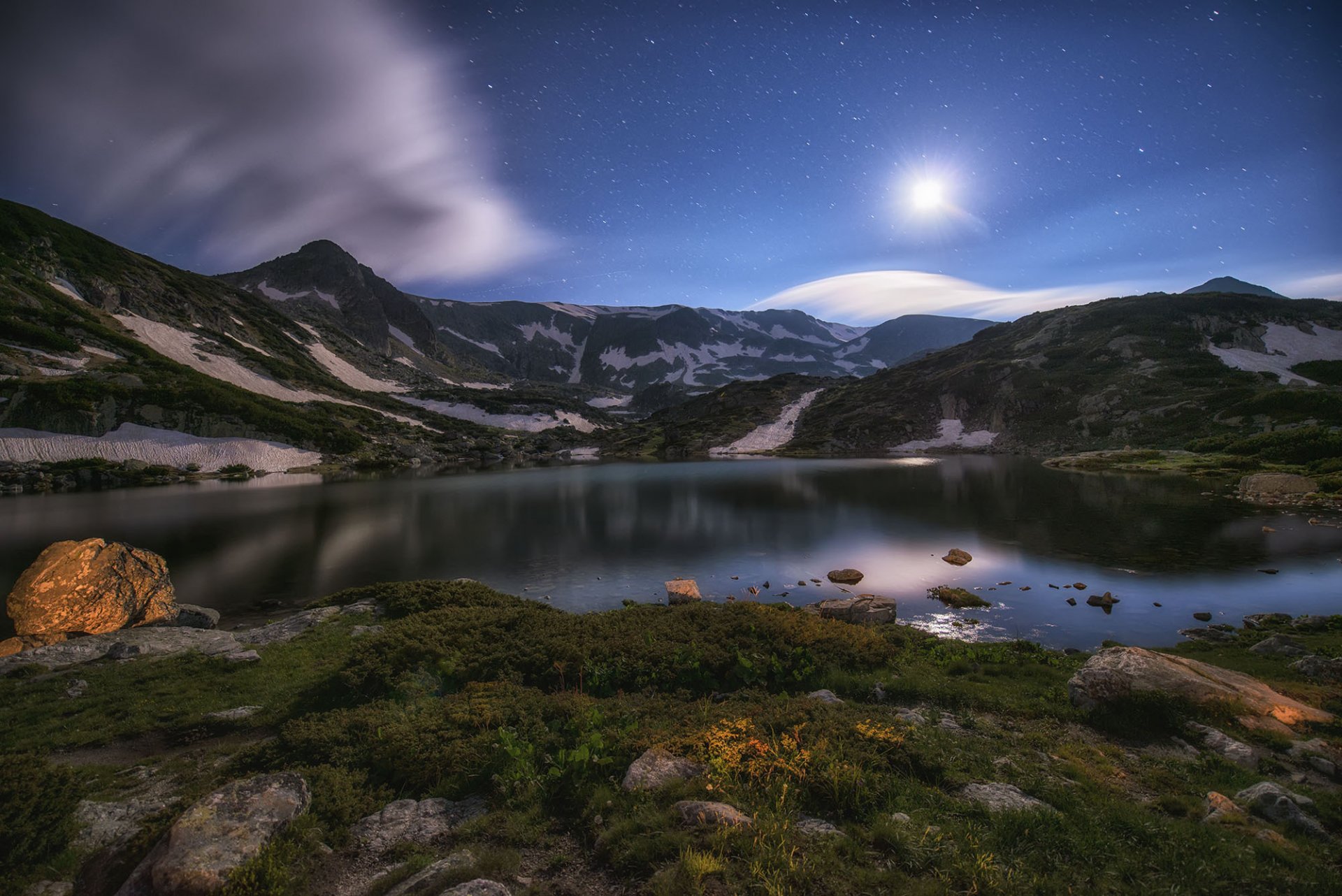 mountain lake night moon star