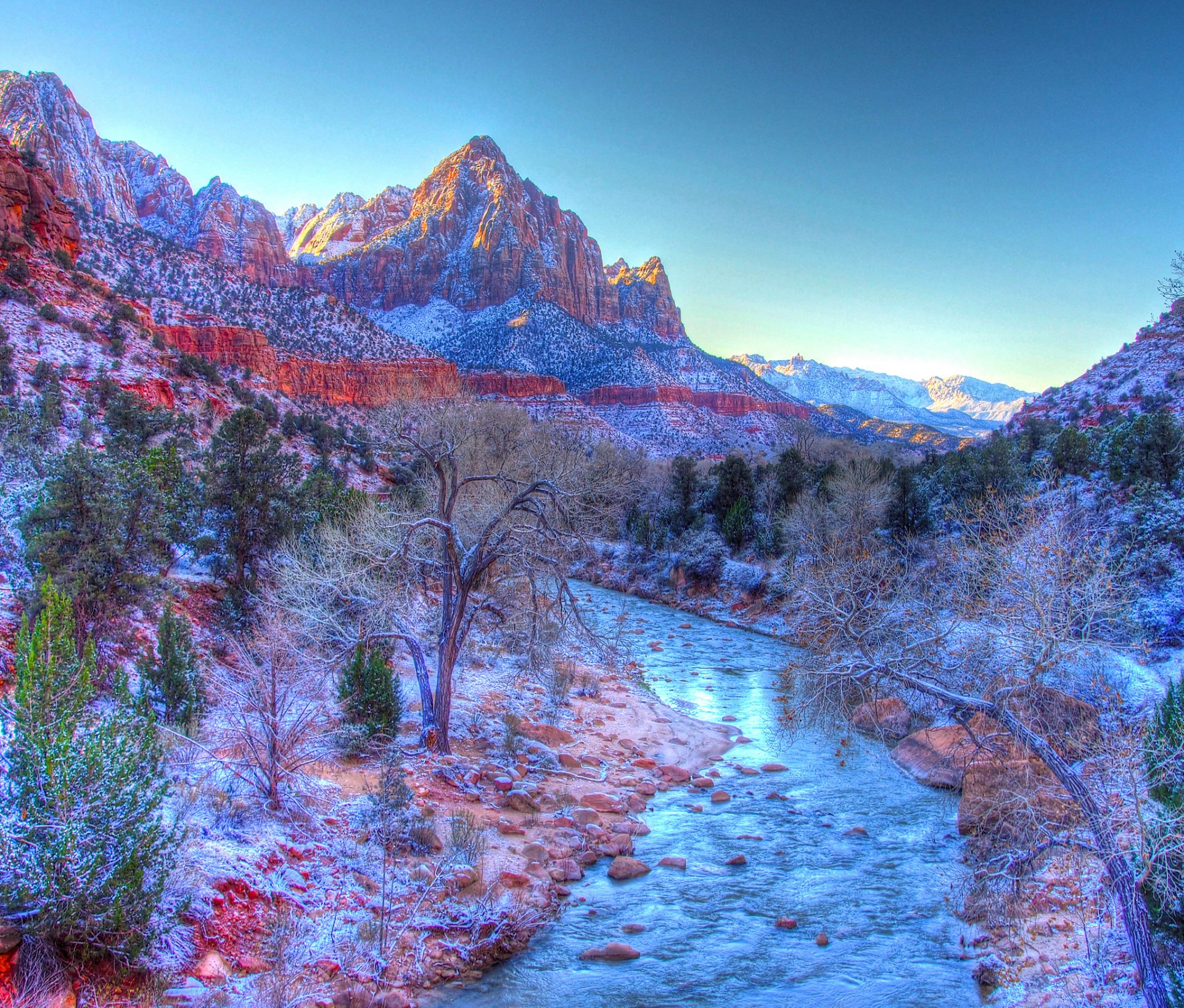 zion national park utah usa himmel berge winter schnee fluss