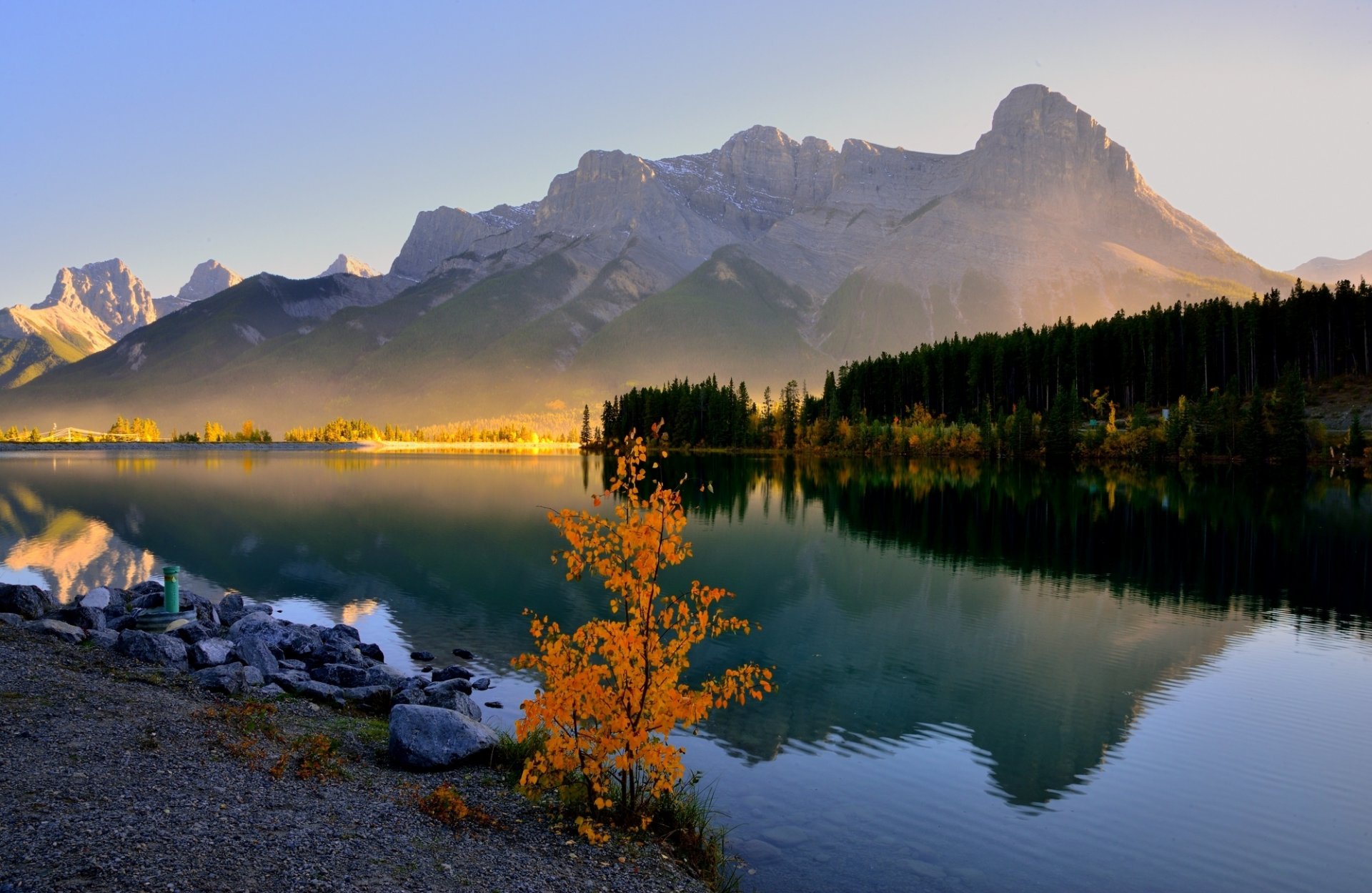 canada canmore grassi lake lake mountains forest trees morning haze