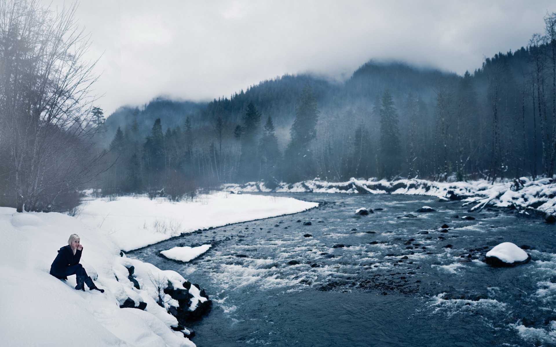 mädchen fluss winter landschaft stimmung