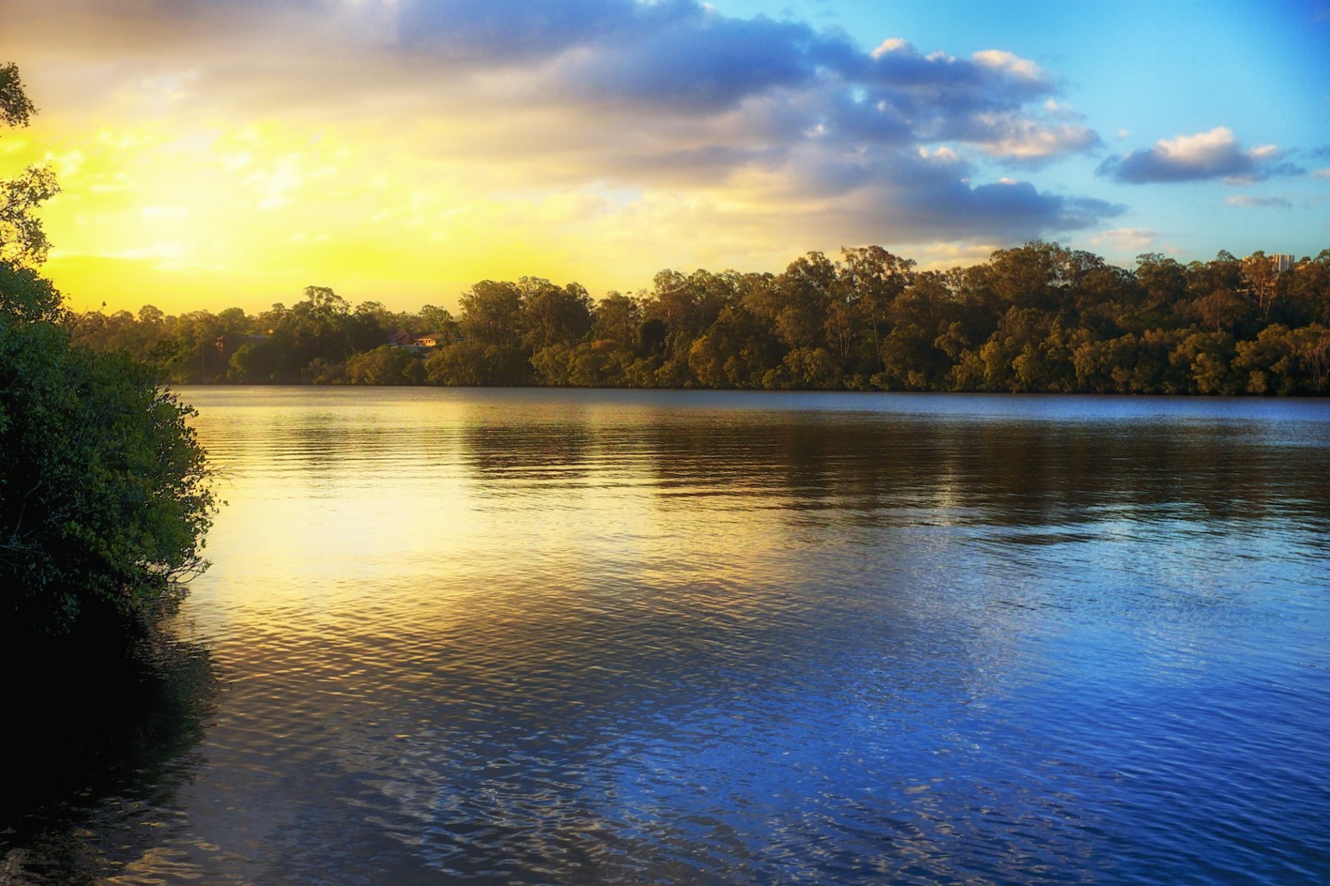 landschaft natur wasser reflexion sonnenuntergang himmel bäume blätter