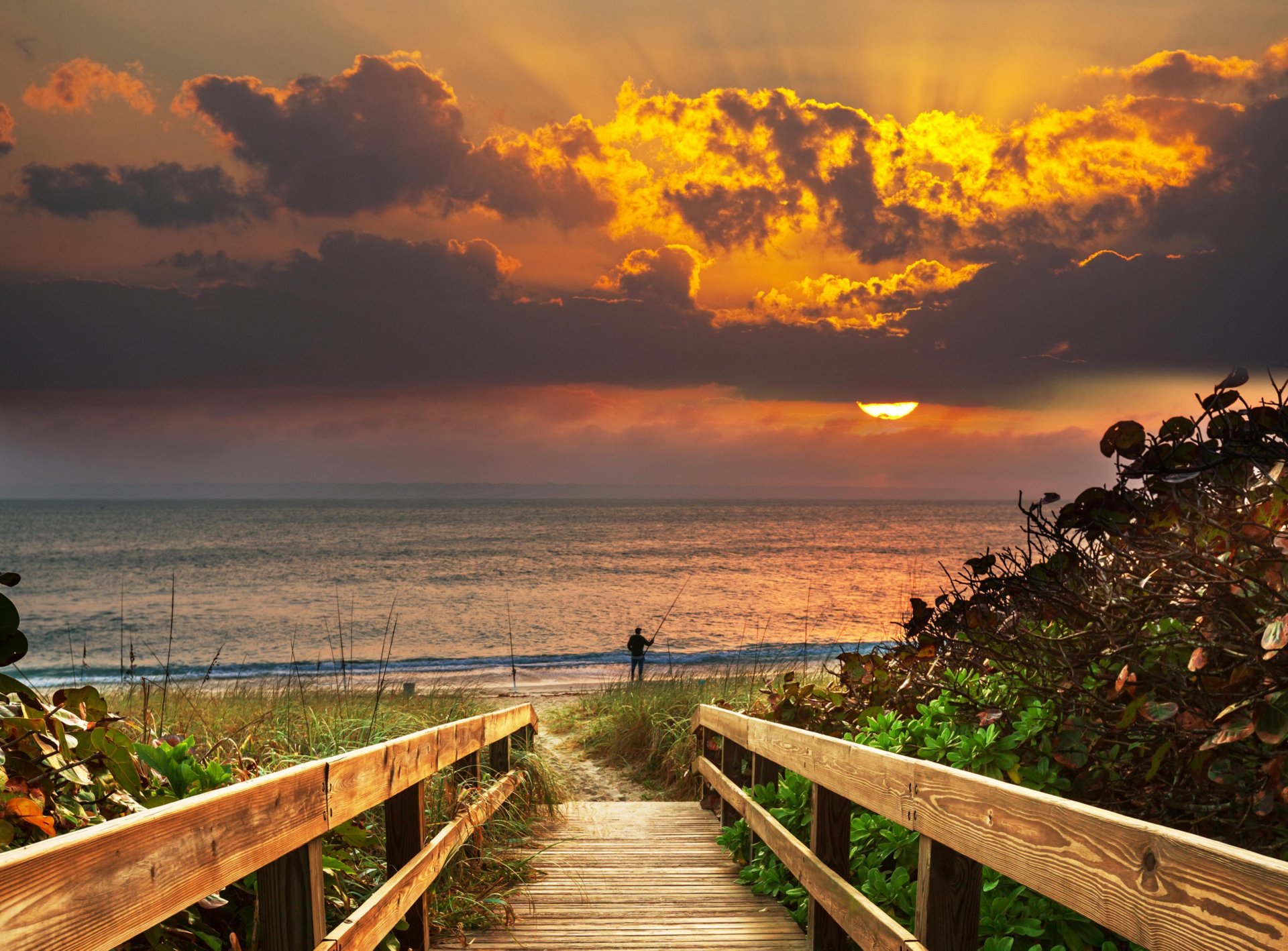 landscape sky sunset bridge people. fishing rod. fishing