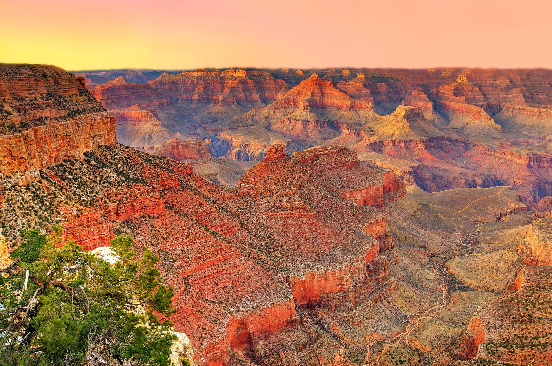 parc national du grand canyon usa arizona ciel montagnes canyon coucher de soleil arbre