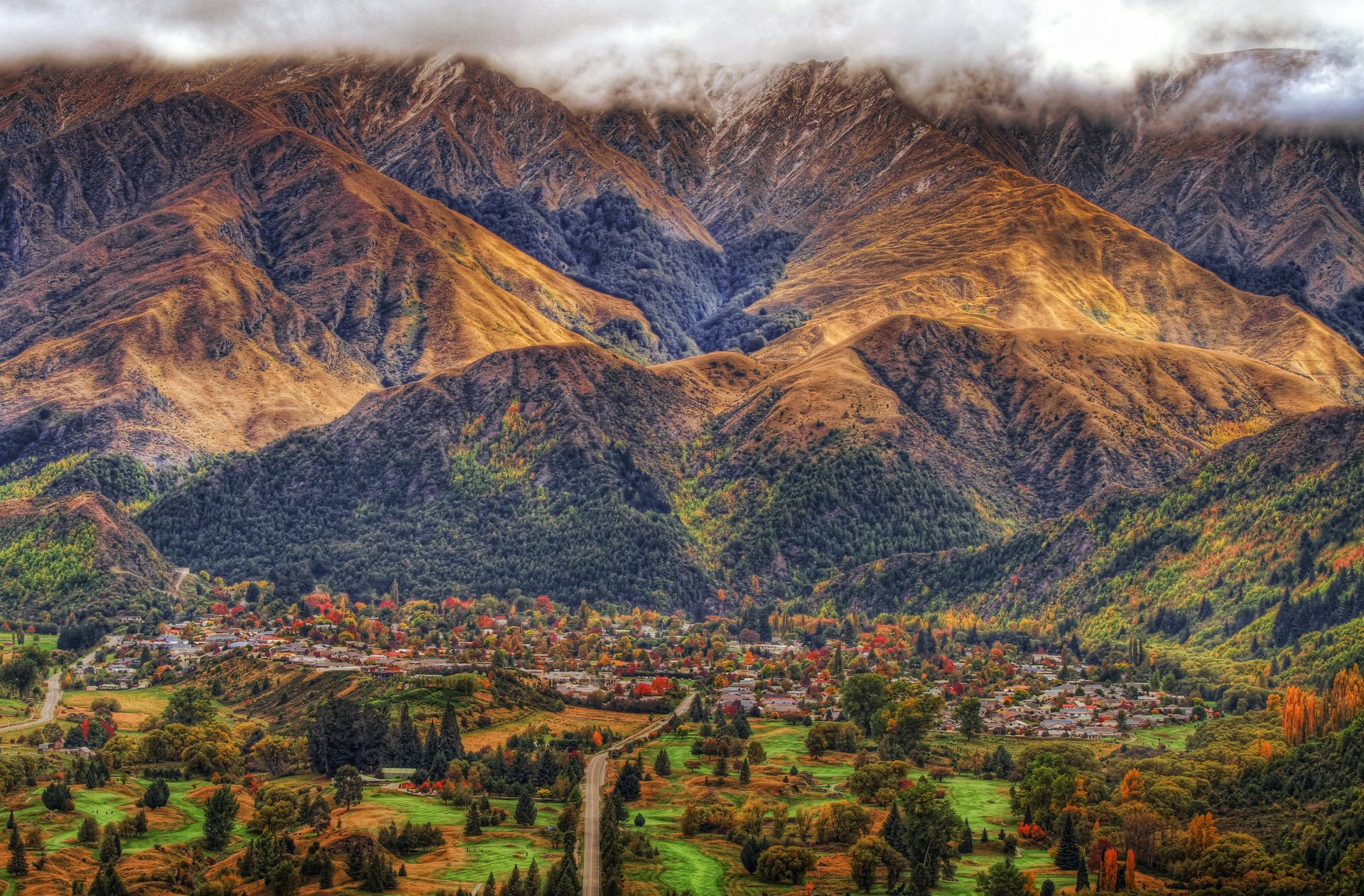 new zealand town forest trees roads road mountains arrowtown