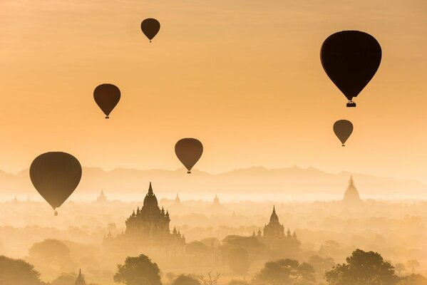 Balloon flight at sunset over Myanmar