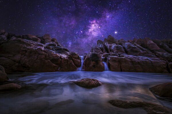 The Milky Way in the night sky against the background of the ocean