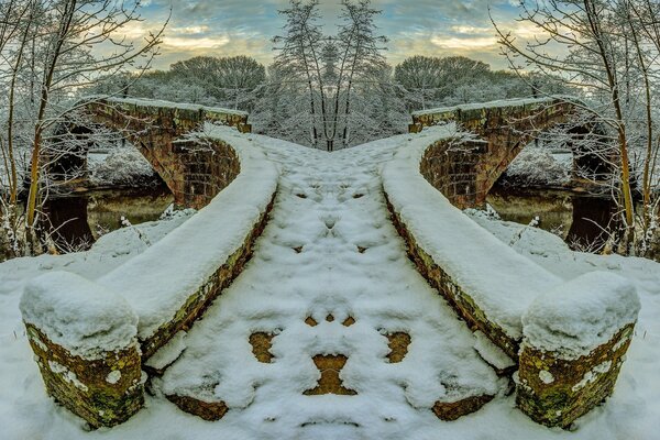 Winter stone bridge. Snow Fairy Tale