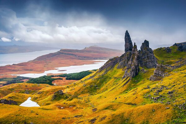 Scotland. Rocks in autumn. Fog. Thick clouds