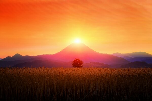 Coucher de soleil de framboise, montagnes de framboise