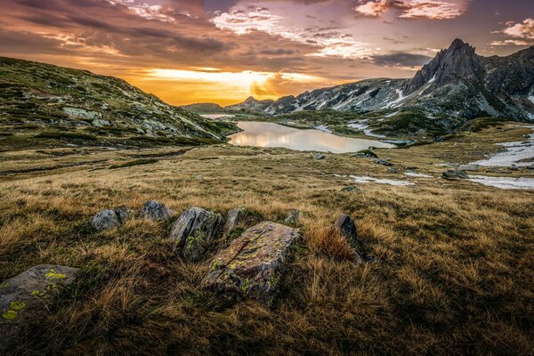 Mountain lake at sunset