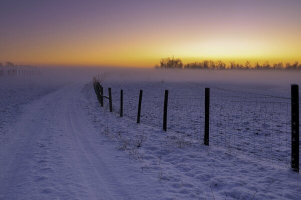 Frostiger Sonnenuntergang im Feld inmitten des Schnees