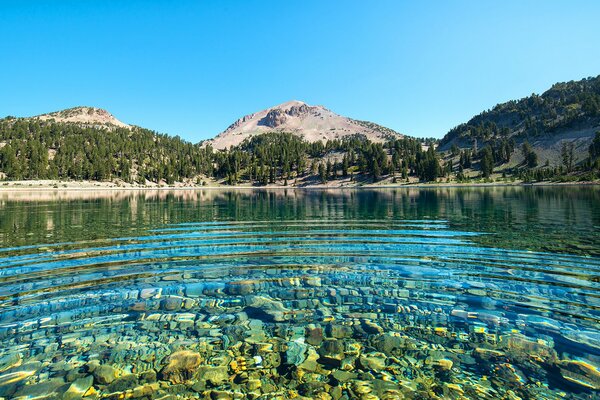 Lago trasparente vicino alle alte montagne