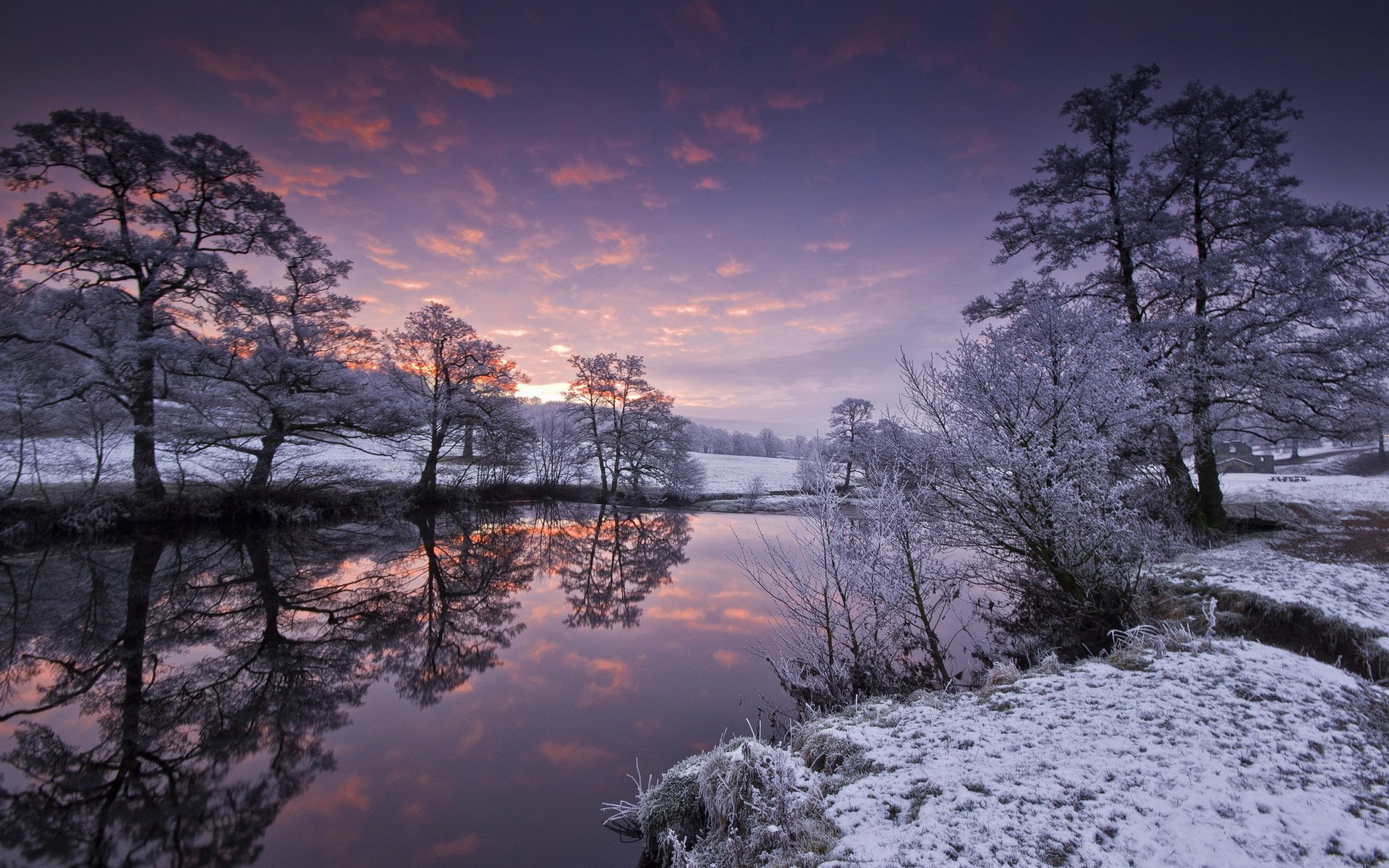 river winter sunset landscape