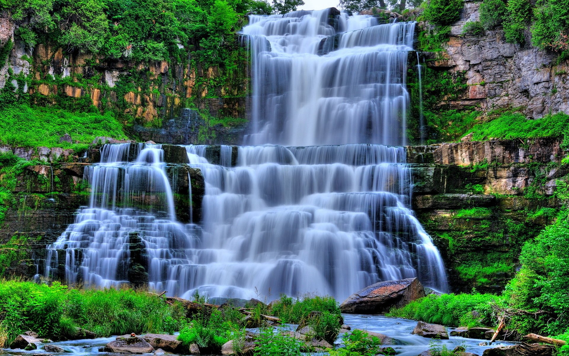 cascada árboles piedras hierba rápidos