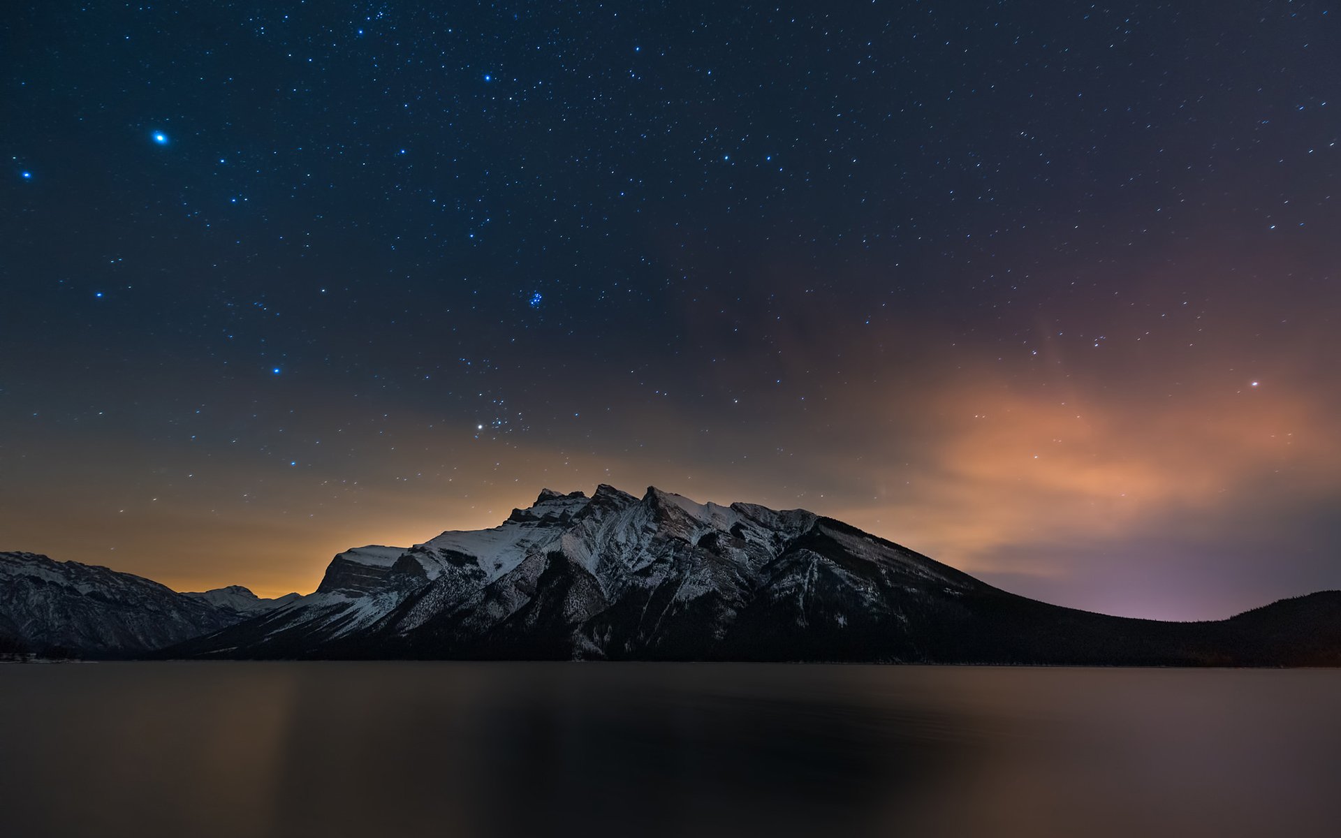 alberta kanada see berg nacht sterne