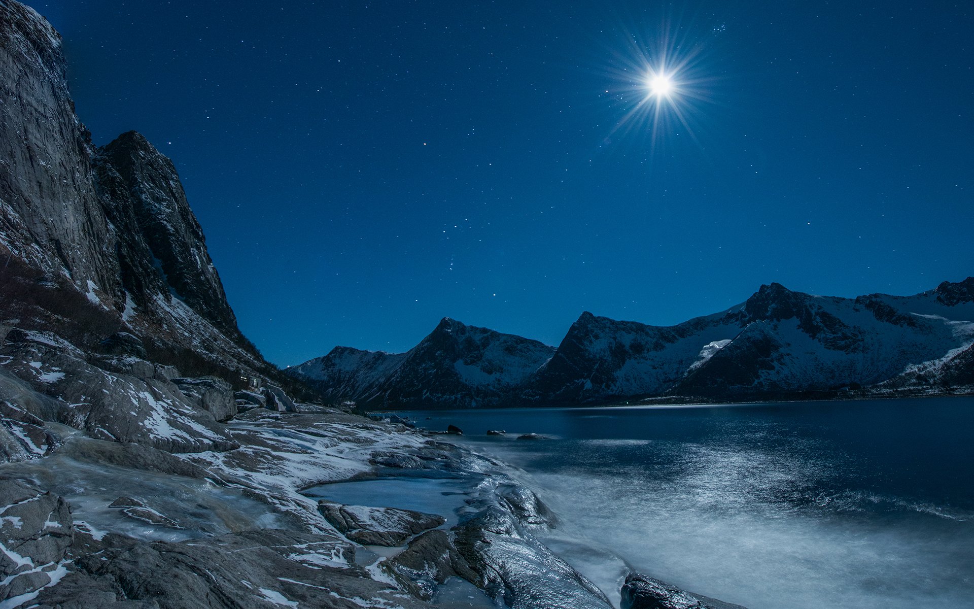 abend see berge felsen sterne mondlicht winter