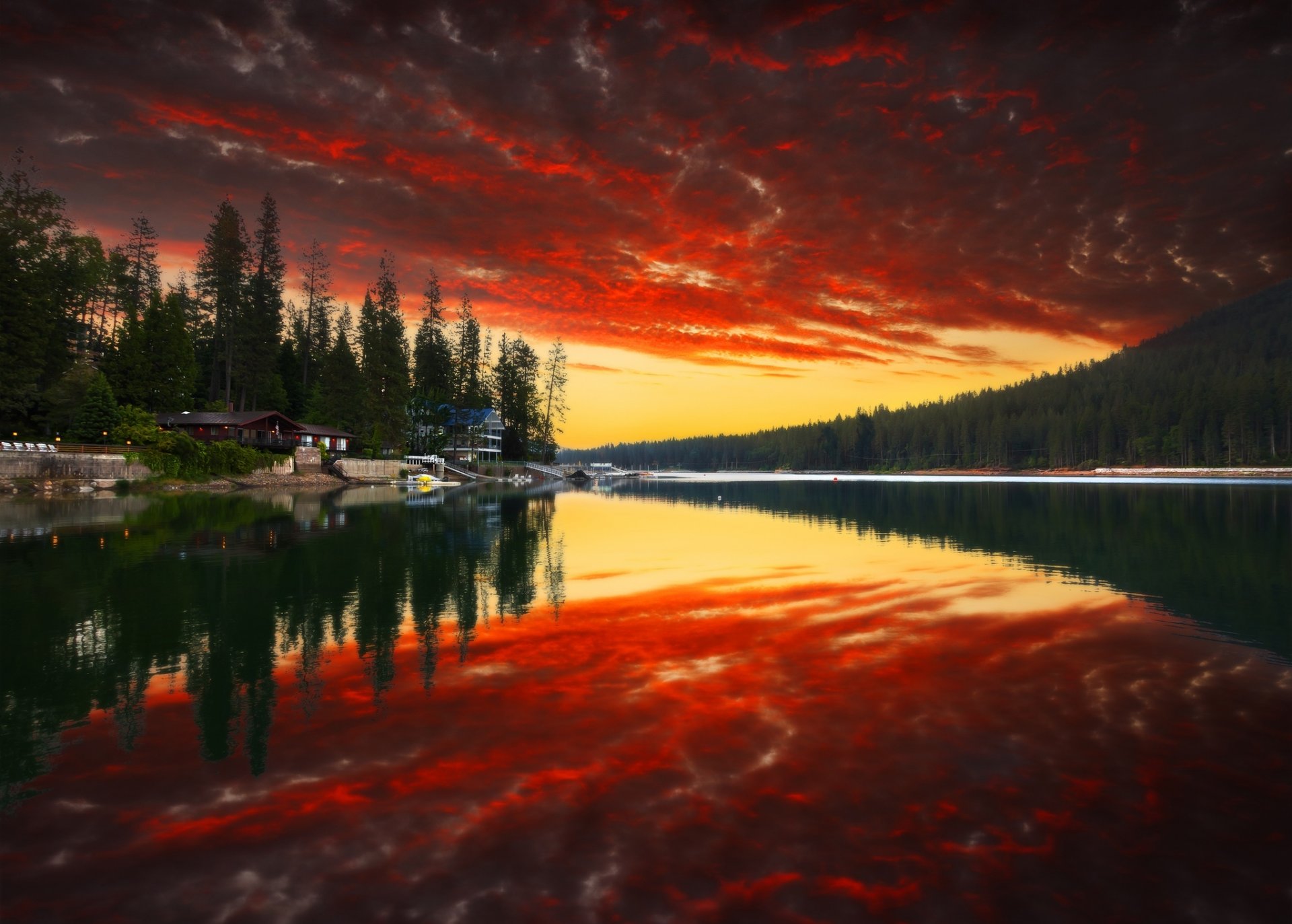 nature reflection houses mountains sky clouds river water forest park trees sunset color