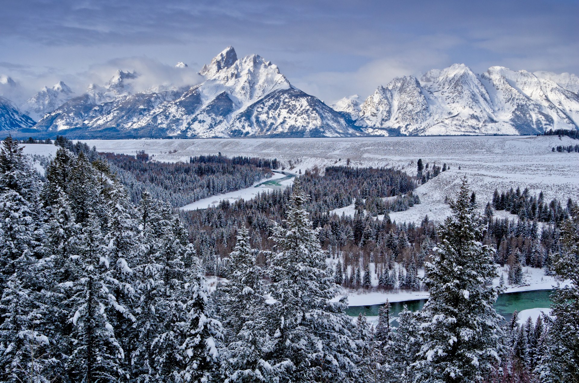 himmel winter berge schnee wald bäume fluss tal natur