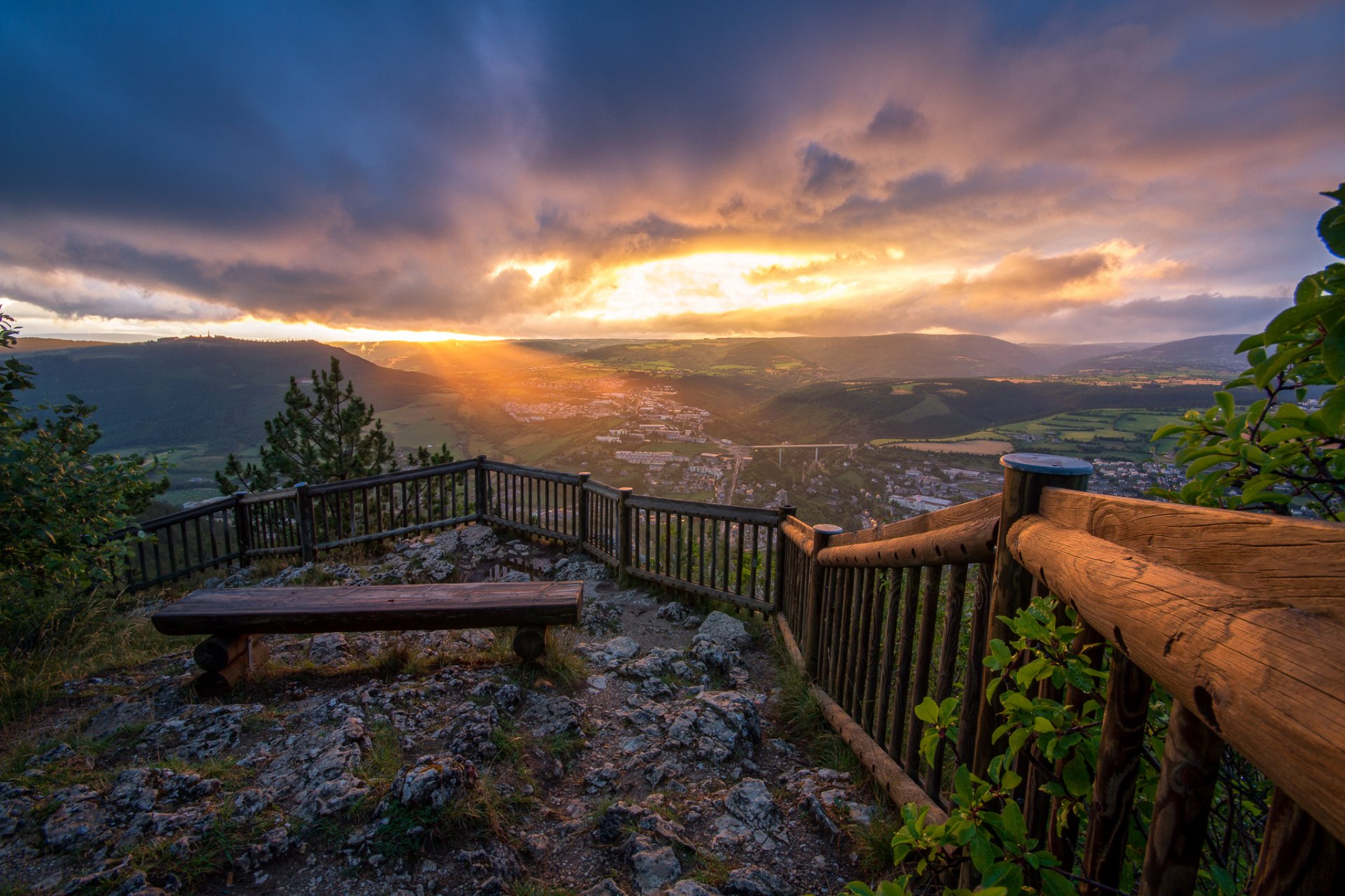 france mountain hills tree shop fencing town sunset clouds sky views height landscape