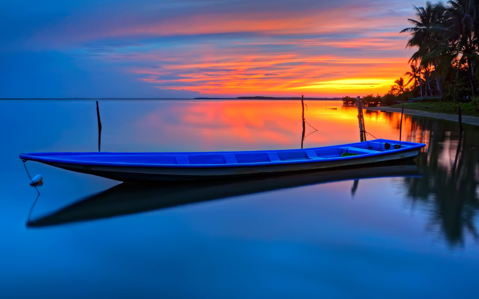 water surface of surface reflection boat the distance horizon dawn sunset sky clouds beach palm beauty