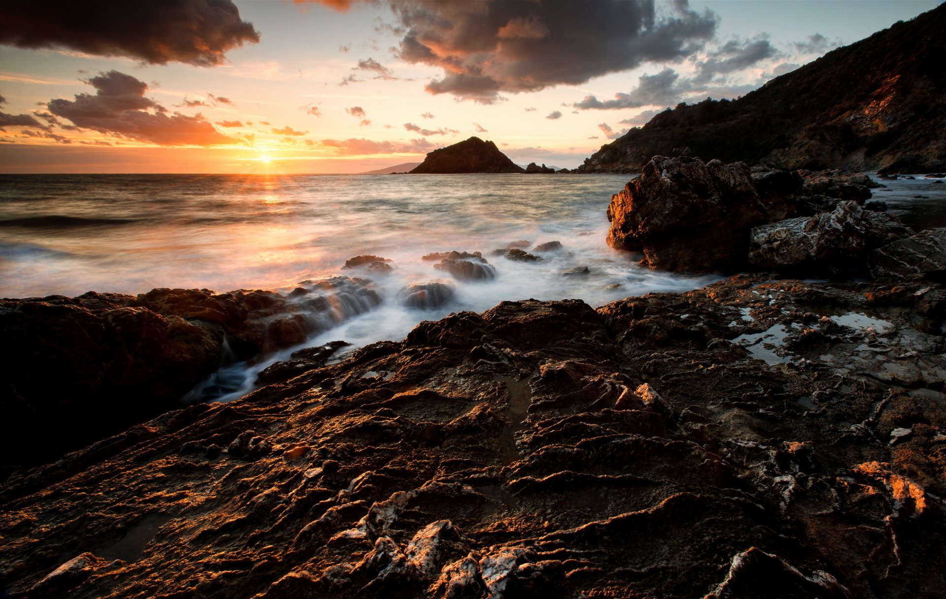 mar costa rocas rocas arroyos sol amanecer