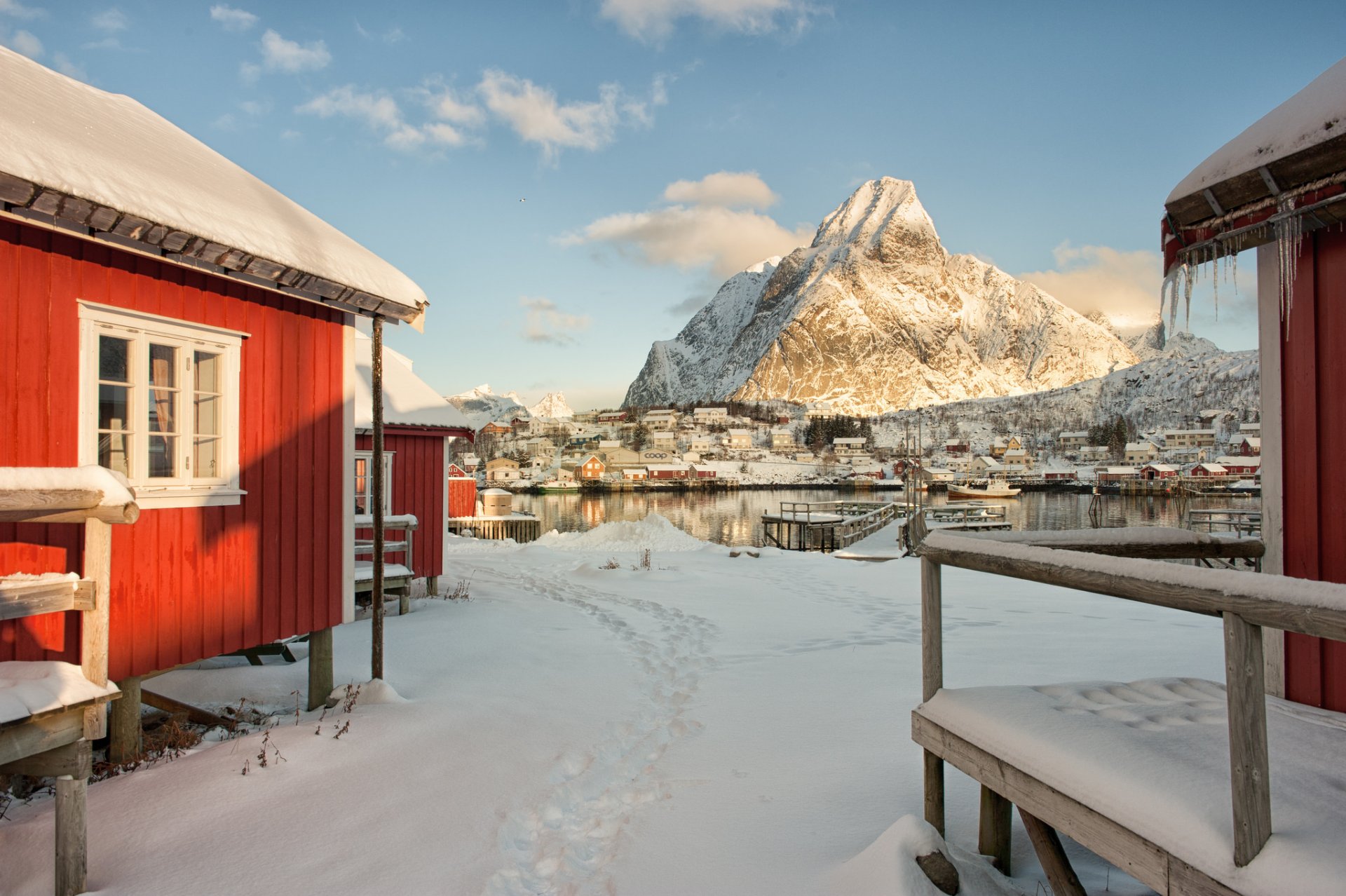 norwegen himmel berg winter haus schnee meer