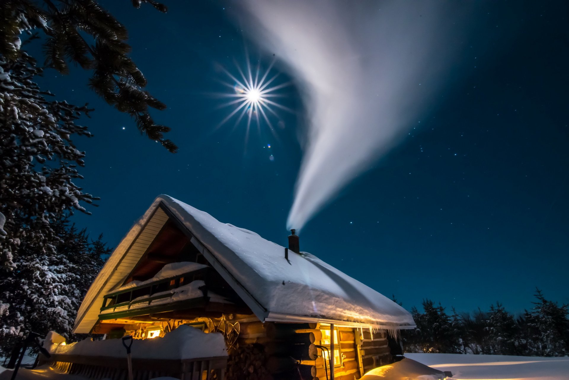 haus nacht rauch landschaft winter