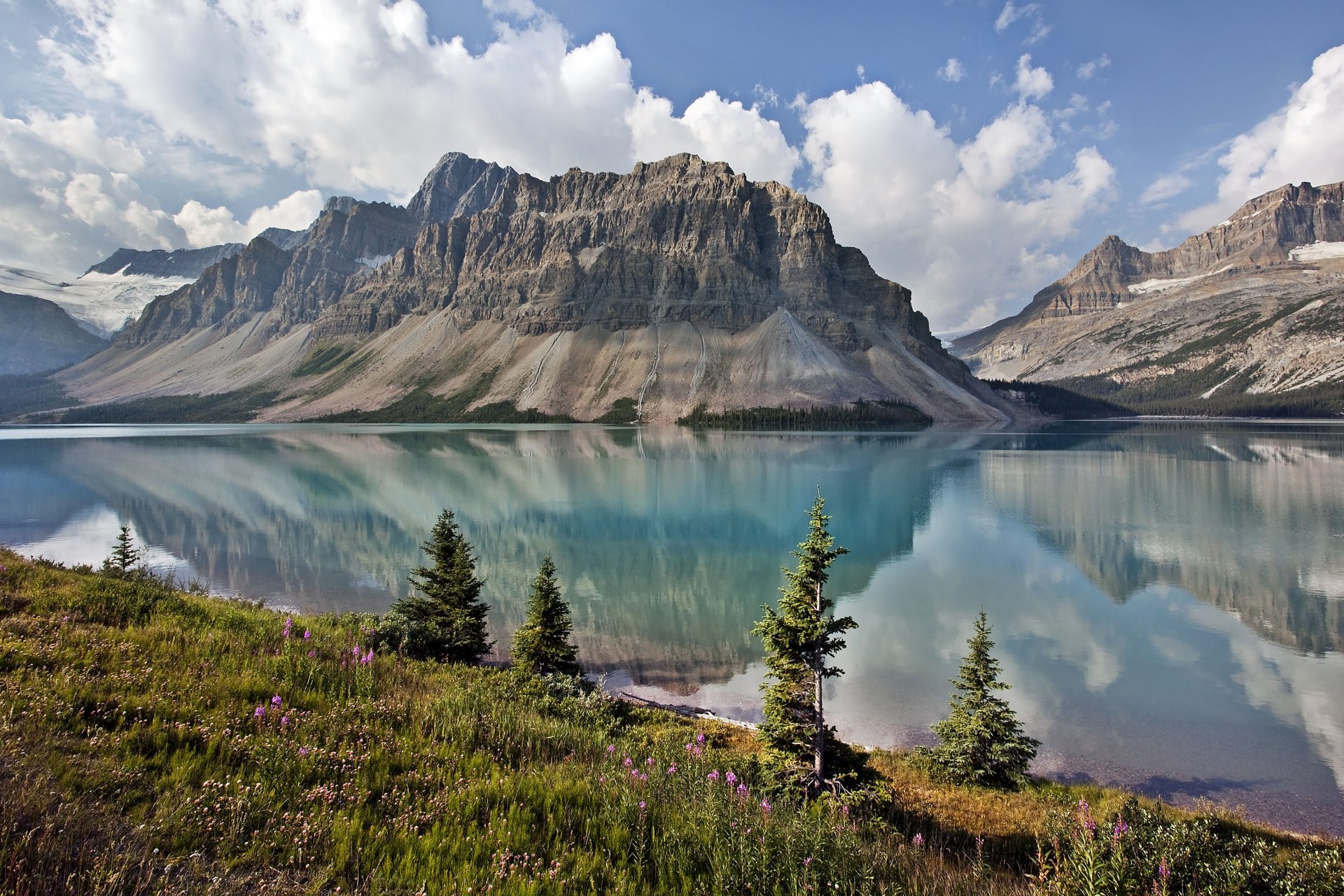 bow canada montagnes lac nature ciel nuages arbres herbe fleurs