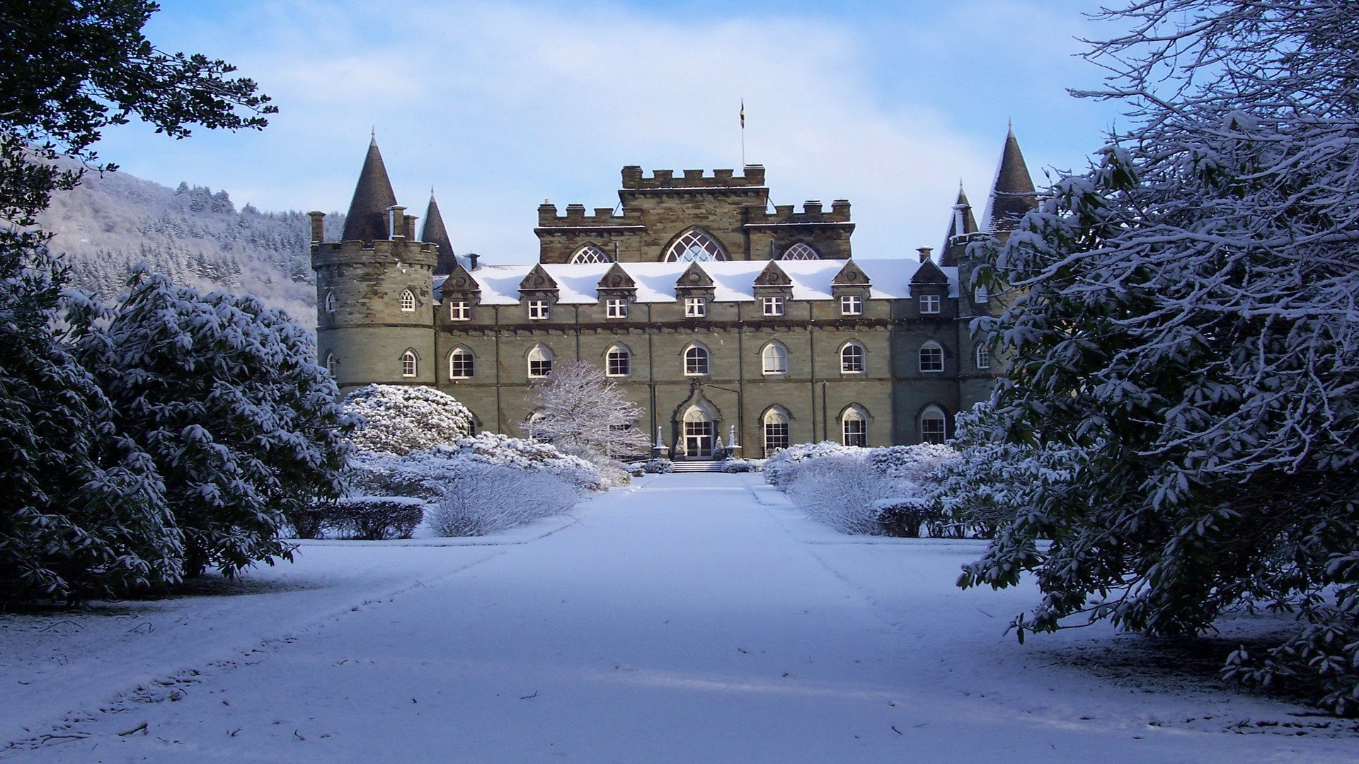 cielo nubes parque invierno nieve árboles castillo torre