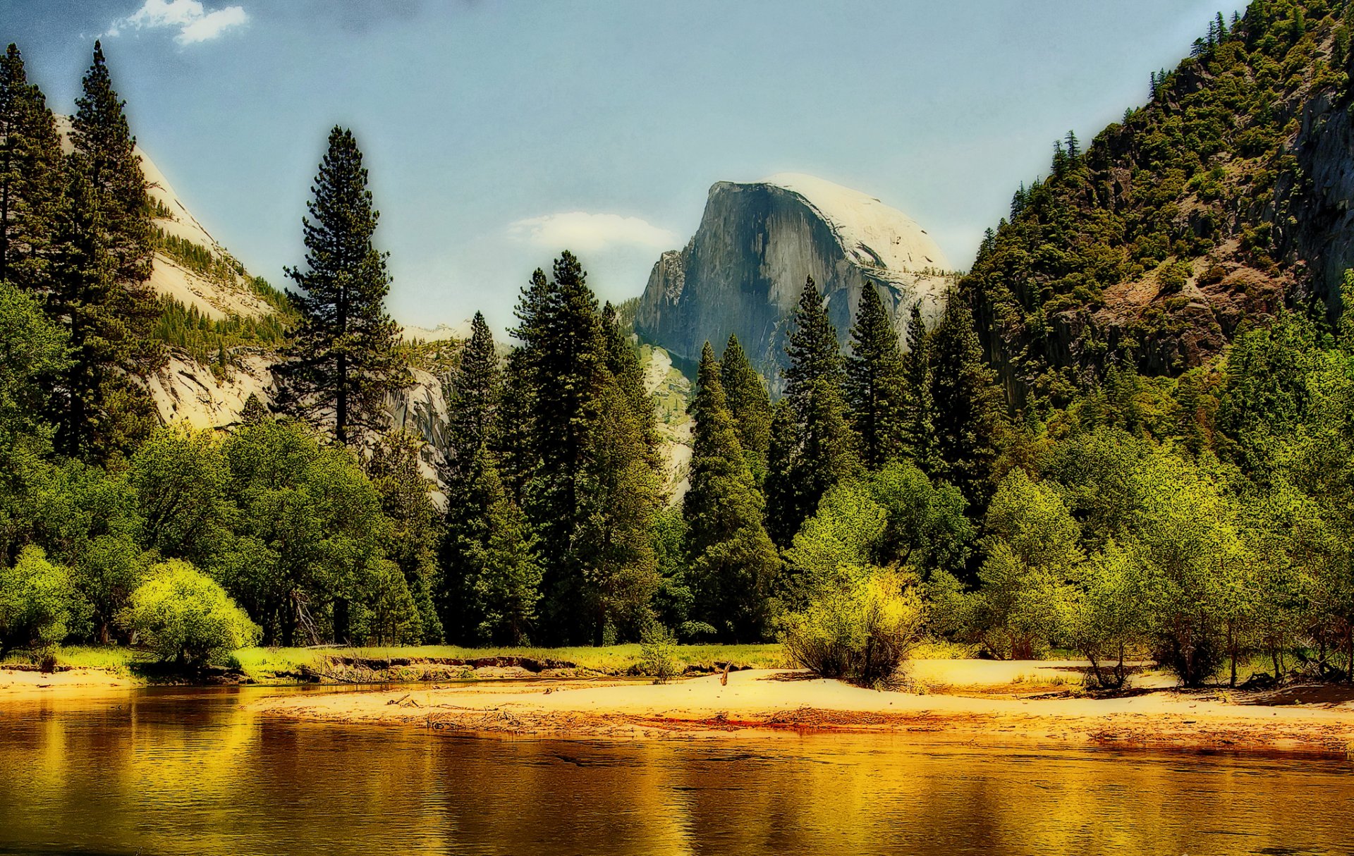 yosemite nationalpark sierra nevada merced river berge fluss wald bäume himmel wolken felsen