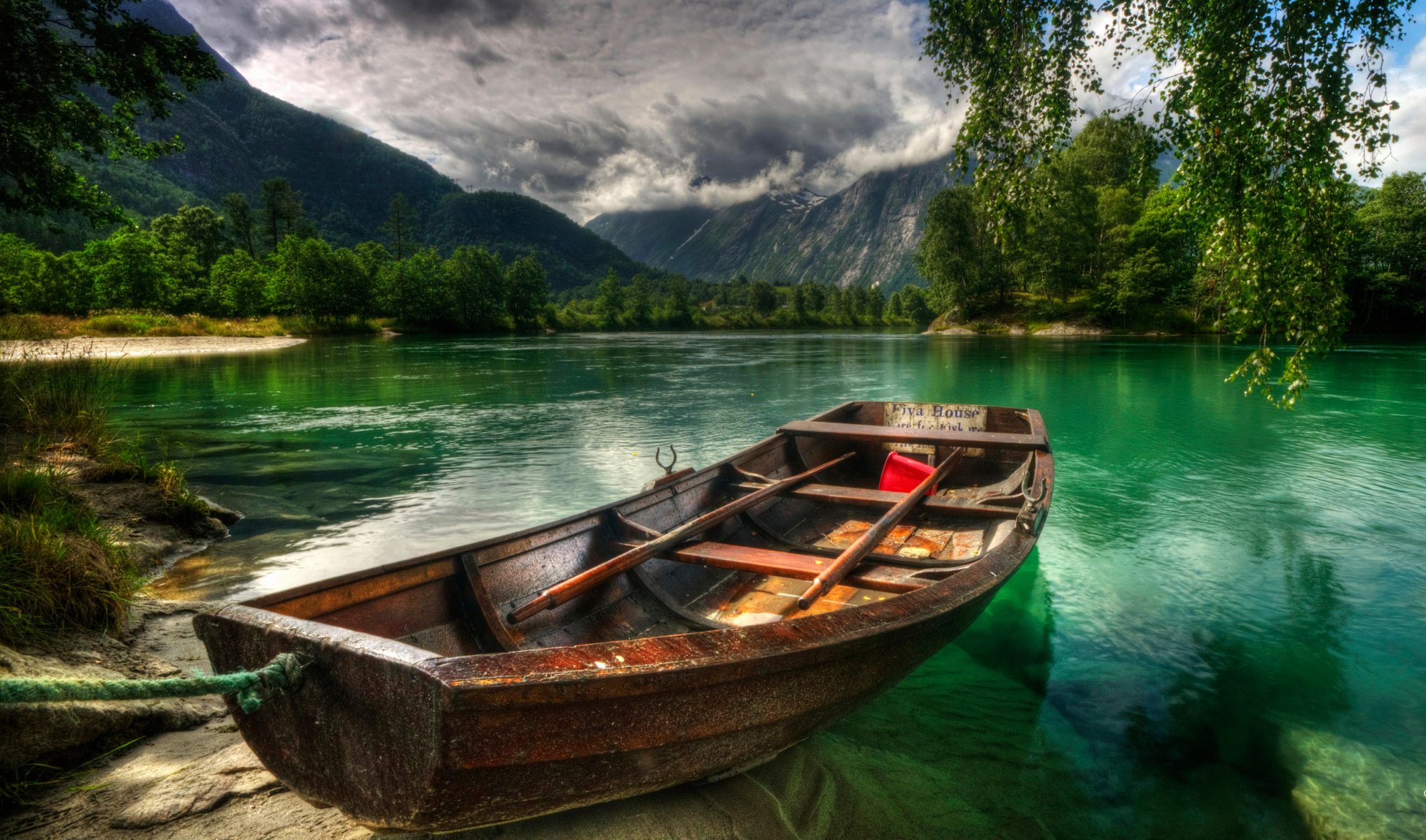 norway rauma river boat sky mountain tree hdr