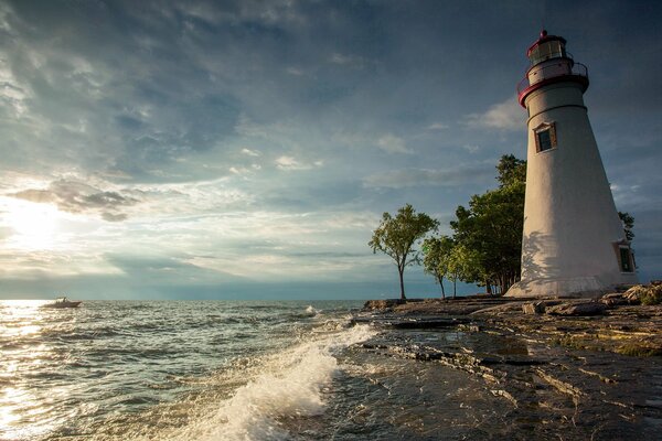 A lonely lighthouse on the seashore